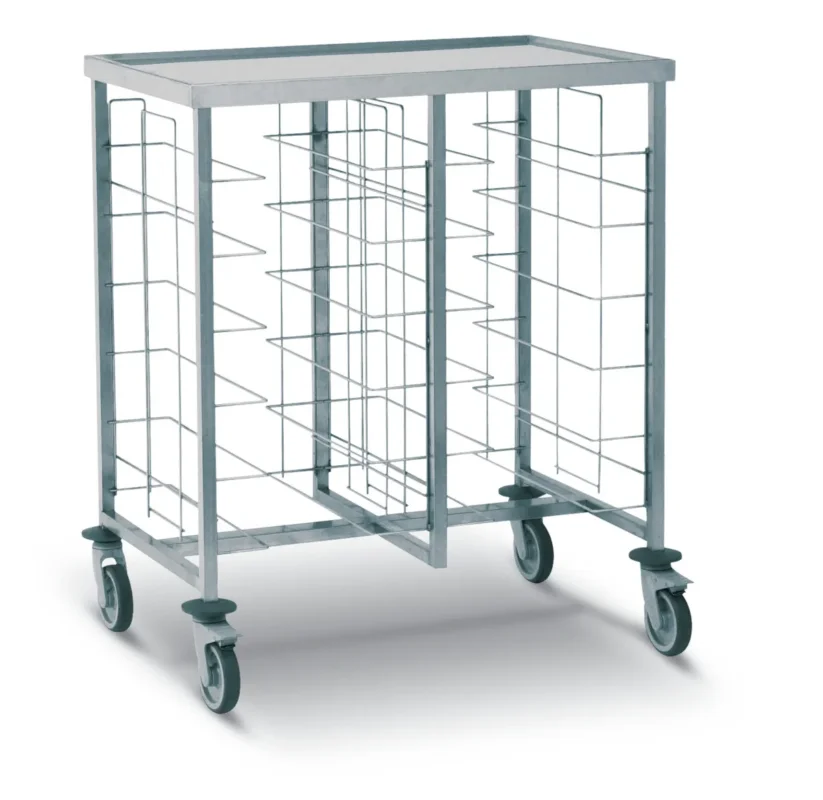 Promotion Chariot cafétéria beige inox 2 colonnes 6 plateaux entrée côte à côte Tournus