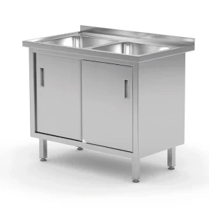 Acheter Direct Table avec 2 éviers, placard – soudée, avec portes coulissantes, HENDI, Profi Line, 1000x600x(H)850mm