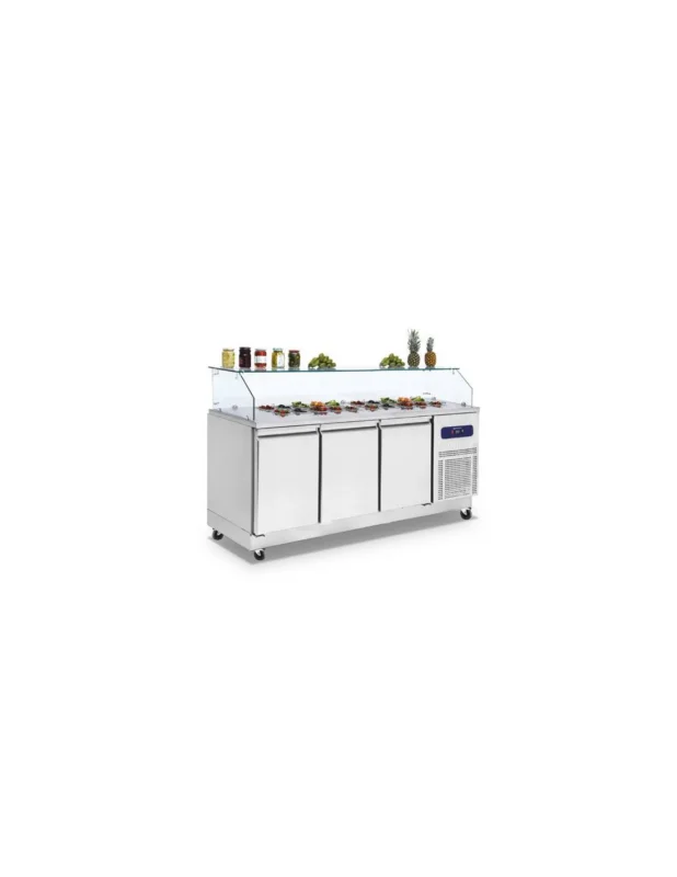 Jusqu’à Épuisement Des Stocks Table réfrigérée saladette avec 3 portes GN 1/1 et vitrine, 8x GN 1/6 h100 mm, -2°/+8°C