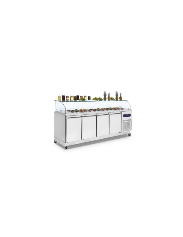 Table réfrigérée saladette avec 4 portes GN 1/1 et vitrine, 10x GN 1/6 h100 mm, -2°/+8°C Paiement Sécurisé