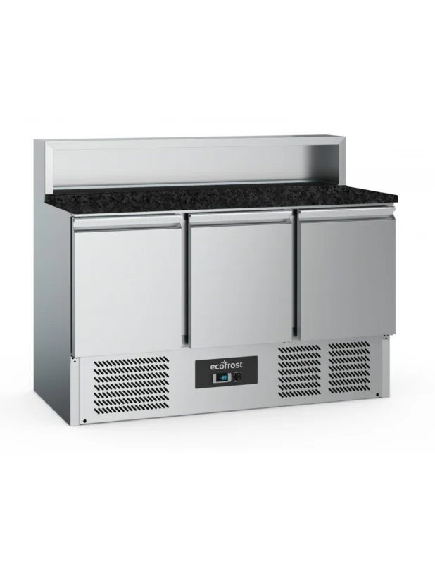 Bon Plan Table réfrigérée saladette 1365 mm avec 3 portes GN 1/1, 8x GN 1/6 h150 mm, +2°/+8°C GRANIT NOIR
