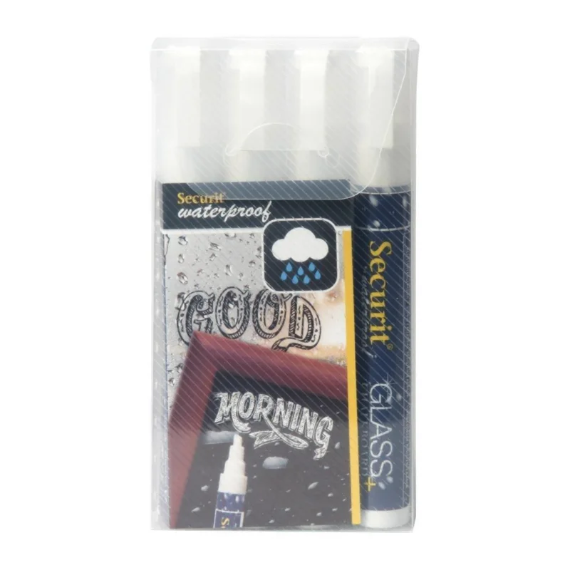 Marqueurs craie waterproof Securit (verre+ ardoise) pointe 2-6mm blancs (lot de 4) Nouveauté