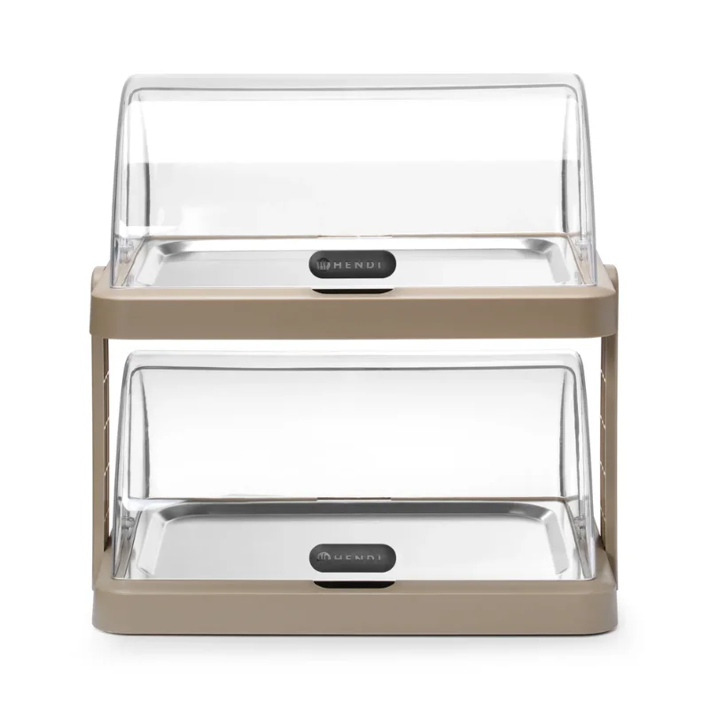 Vitrine Buffet à Couvercle Coulissant UNIQ - 2 Plateaux - Beige Expédié Aujourd’hui