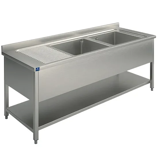Vente Directe Plonge inox 2 bacs avec égouttoir à gauche et étagère 2000x700 mm