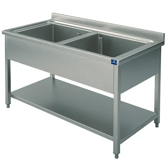 Solde Plonge inox 2 bacs sur piètement avec étagère inférieure 1000x600 mm