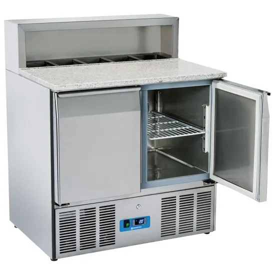 Meilleur Prix Table à pizza 2 portes dessus inox avec 5 bacs gn 1/6 h150 température +2/+10°c