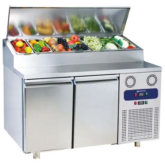 Petit Prix Table de préparation réfrigérée 2 portes gn 1/1 avec 7x gn 1/3 température -2/+8°c