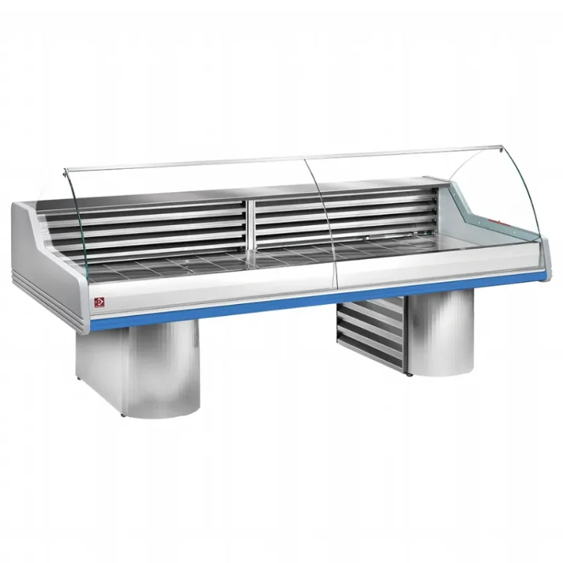 Jusqu’à Épuisement Des Stocks Comptoir vitrine réfrigérée vitre bombée sur socle saigon plus bandeau bleu gaz r290 3000x1195xh1175
