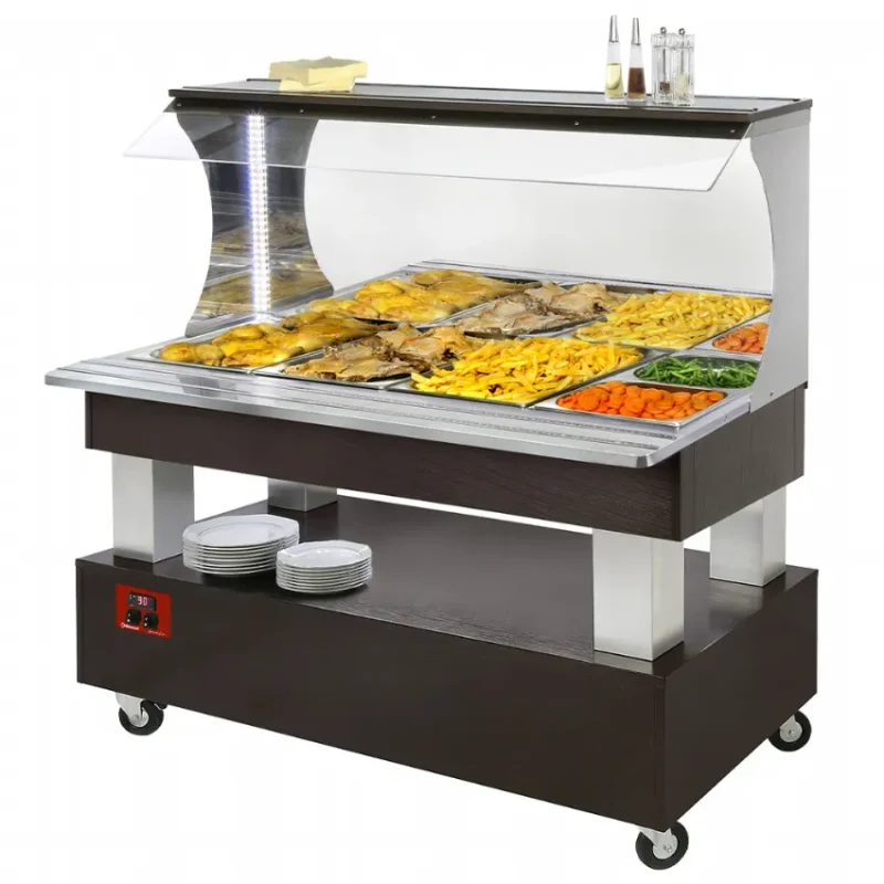 Prix Réduit Buffet chauffant mural bain-marie 4 x1/1 hauteur 150 bois wenge chauffants bain-marie 1040(1495)x690(855)xh1405