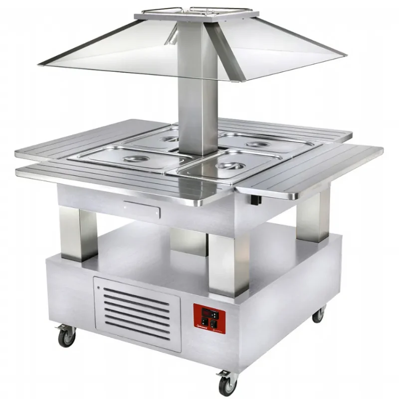 Ilot buffet chauffant bain-marie 4 x1/1 hauteur 150 bois blanc chauffants bain-marie 1040(1435)x1040(1435)xh1540 Expédié Aujourd’hui