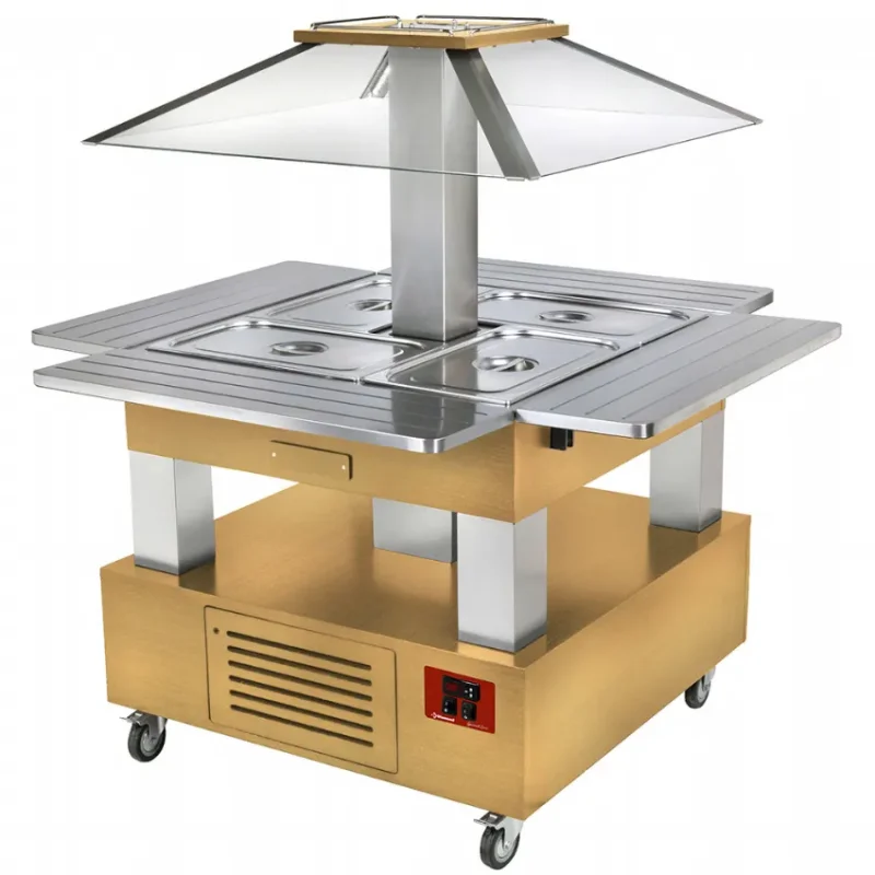 Authentique Ilot buffet chauffant bain-marie 4 x1/1 hauteur 150 bois clair chauffants bain-marie 1040(1435)x1040(1435)xh1540