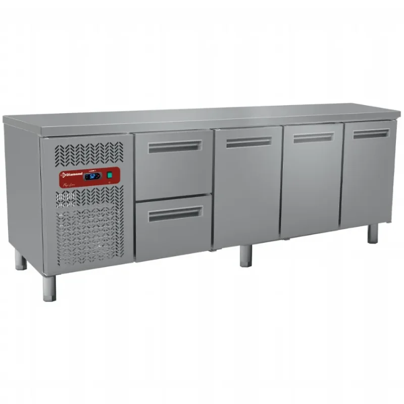 Pack table travail inox4 portes avec 2 tiroirs groupe a gauche gaz r290 profi line 2250x700x900 Prix Cassé