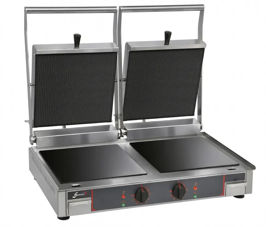 Grill de cuisson par contact vitrocéramique double - spécial sandwichs alimentation - monophasé (230 v ), forme des plaques - plaques inferieur lisse supperieur rainurée Soldes