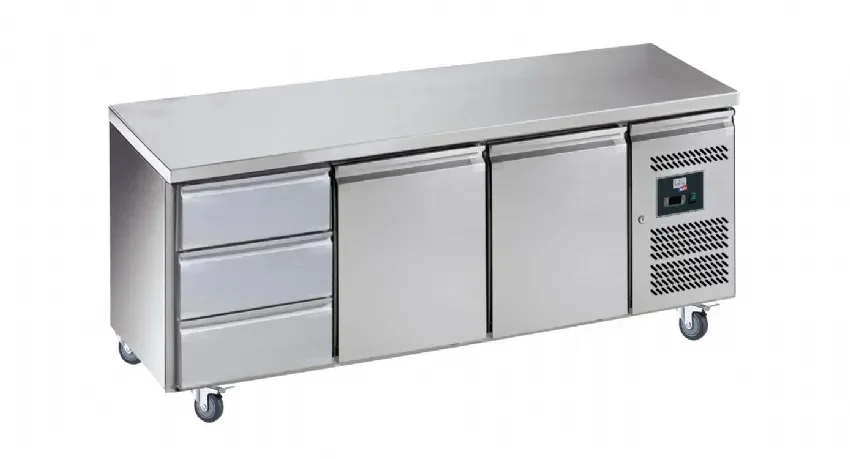 Desserte réfrigérée inox centrale -2/+8°c avec 2 portes et 3 tiroirs Réduction