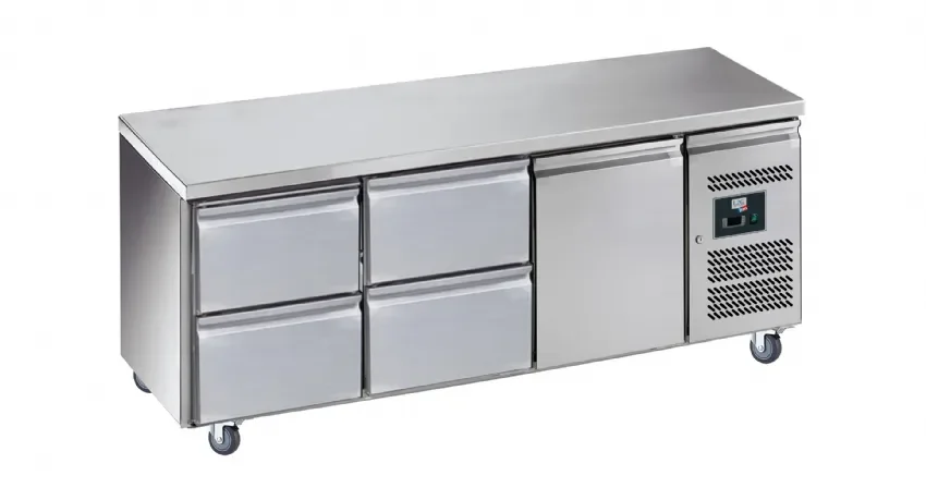 Solde Desserte réfrigérée inox centrale -2/+8°c avec 1 porte et 2x2 tiroirs
