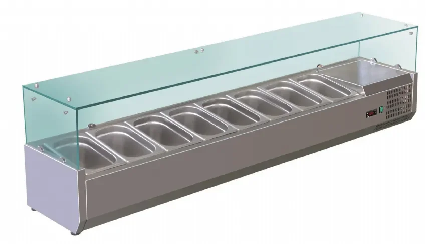 Vitrine à ingrédients inox +2/+8°c verre droit 5 gn 1/3 et 1 gn1/2-150 non compris Remise