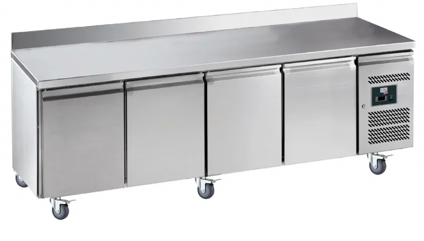 Prix Promo Desserte réfrigérée inox avec dosseret 100x20 mm -2/+8°cavec 4 portes 600x400 - 616 litres
