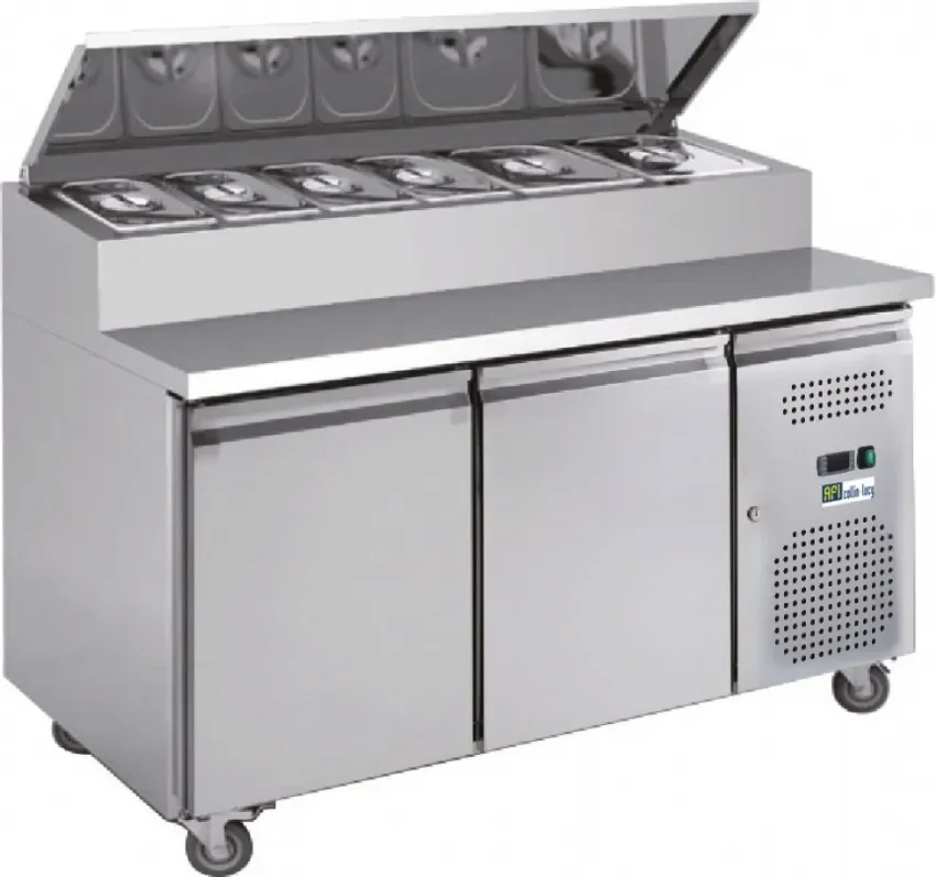 Certifié Table de préparation positive 2 portes avec saladette 7 bacs gn 1/3 température +2/+8°c