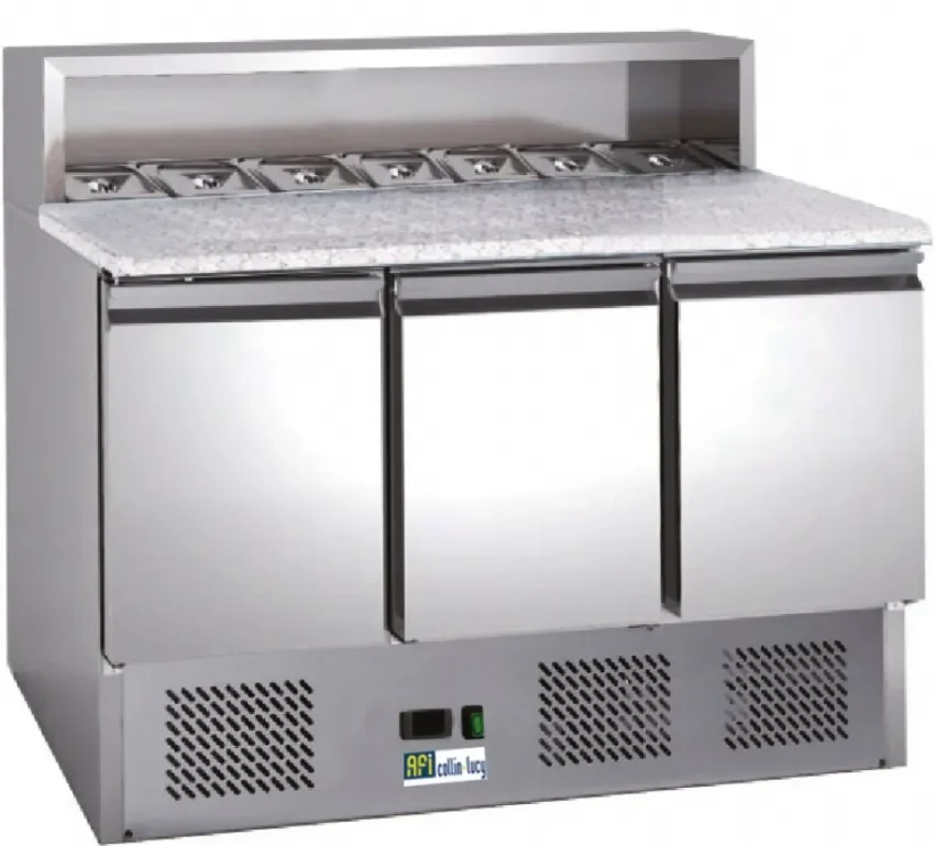 Meuble à pizzas réfrigéré 3 portes dessus granit avec saladette 8 bacs gn 1/6 température +2/+8°c Seulement Aujourd’hui