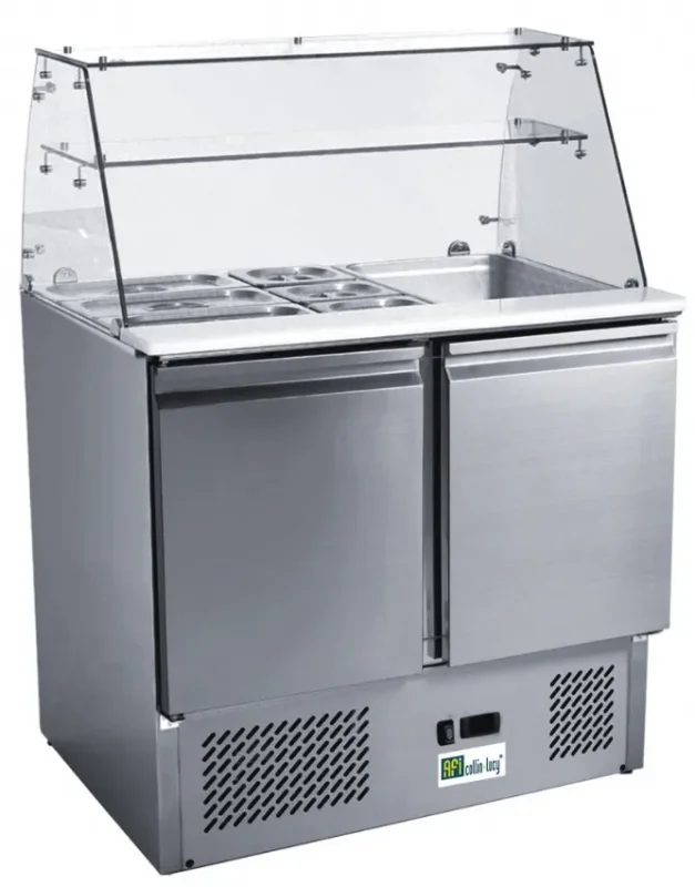 Paiement Sécurisé Saladette réfrigérée vitrée 2 portes avec 2 bacs gn 1/1 et 3 bacs gn 1/6 température +2/+8°c