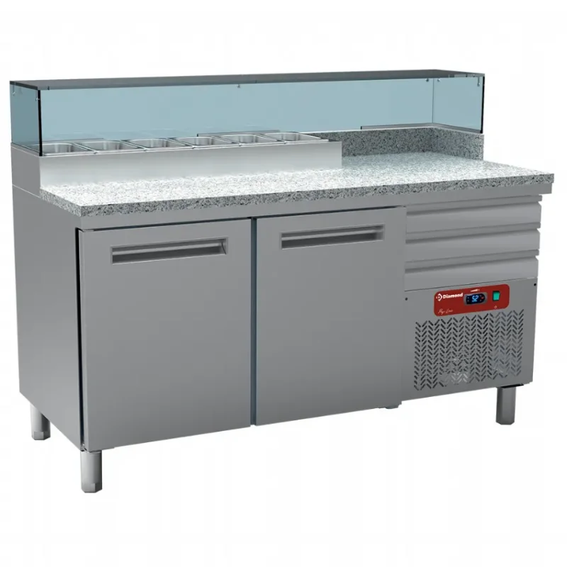 Achat Immédiat Table frigo pizzeria, 2 portes en 600x400, 3 tiroirs neutres en 600x400, structure réfrigérée 6 niveaux gn 1/4