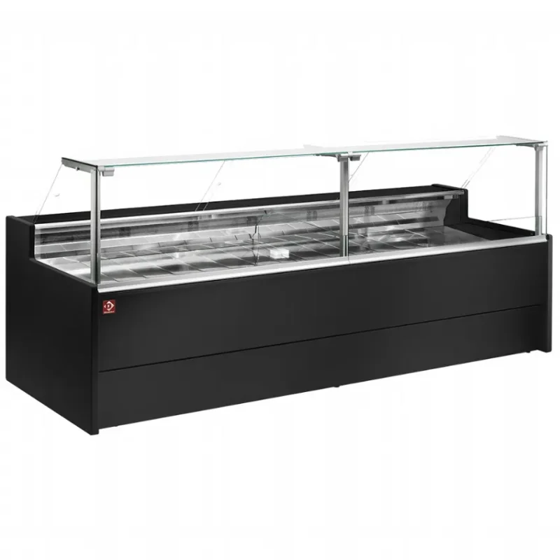 Prix Réduit Comptoir vitrine réfrigéré boucherie poissonerie à vitre droite 90° sur pistons, ventilé, avec réserve - noir dim. 2000x1085xh1280