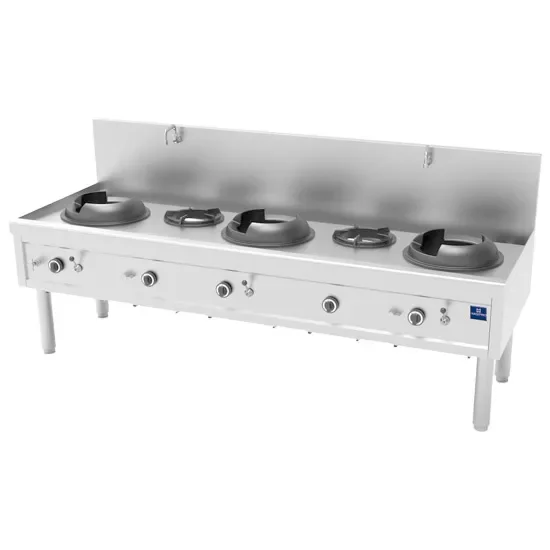 Top Vente Plan de cuisson wok gaz inox avec 3 brûleurs 27,5 kw et 2 brûleurs soupe 9,2 kw