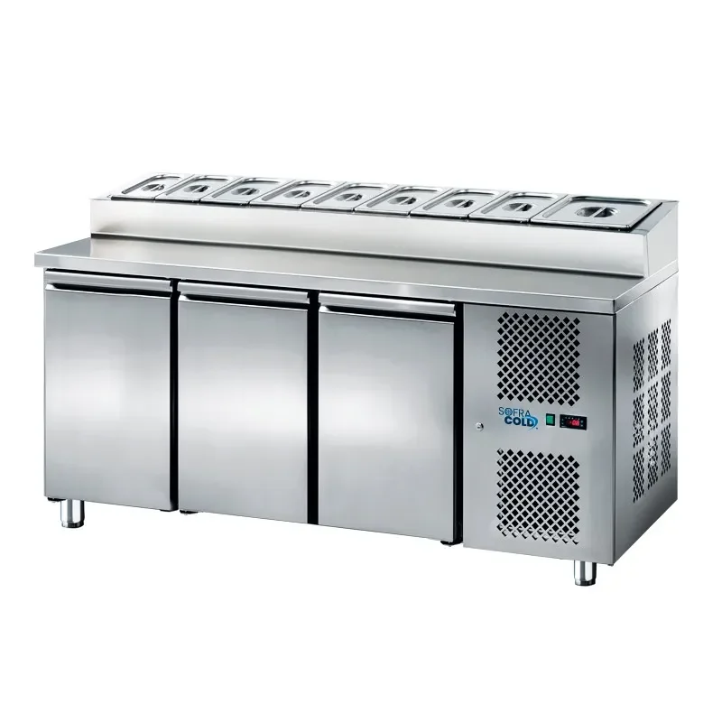 Saladette positive tropicalisée 10 bacs gn 1/3 avec 3 portes - 420 l - 1870x700x985/1055 Retour Gratuit
