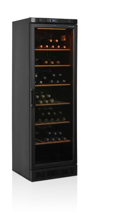 Prix Réduit Cave à vin professionnelle avec porte vitrée noire positive - 118 bouteilles