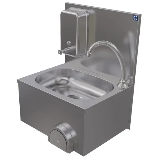 Prix Réduit Lave-mains mural inox commande à genou avec distributeur de savon 400 x 300 x 210 mm
