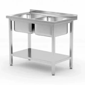 Usine Directe Plonge inox cuisine professionnelle avec deux éviers centraux et étagère - 1000x600x850mm