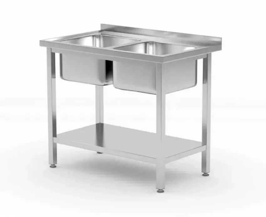 Usine Directe Plonge inox cuisine professionnelle avec deux éviers centraux et étagère - 1000x600x850mm