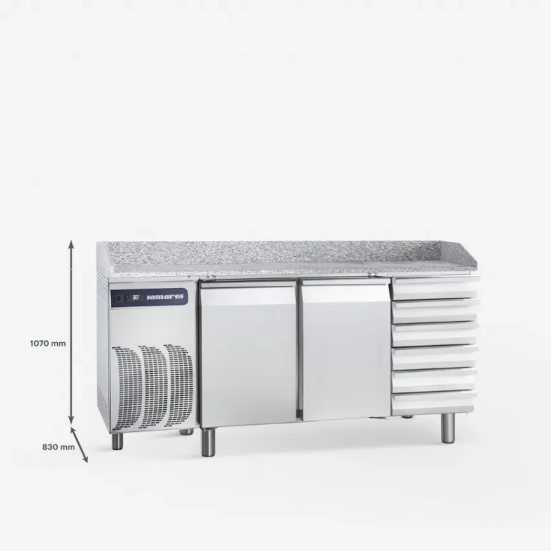 Marque Meuble à pizza réfrigérée avec plan de travail en granit 2 portes pleines + tiroirs 0/+8°c - 400 l