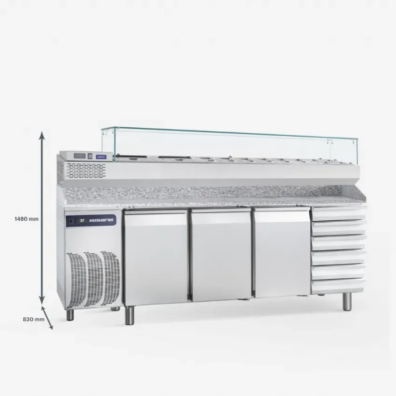 Réduction Meuble à pizza avec plan de travail en granit et saladette 3 portes pleines + tiroirs 0/+8°c - 609 l