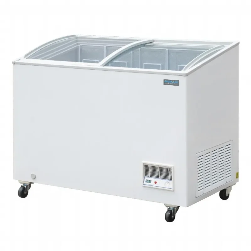 Dernier Modèle Congélateur coffre vitré blanc 270 litres avec portes coulissantes - 1195x654x928mm