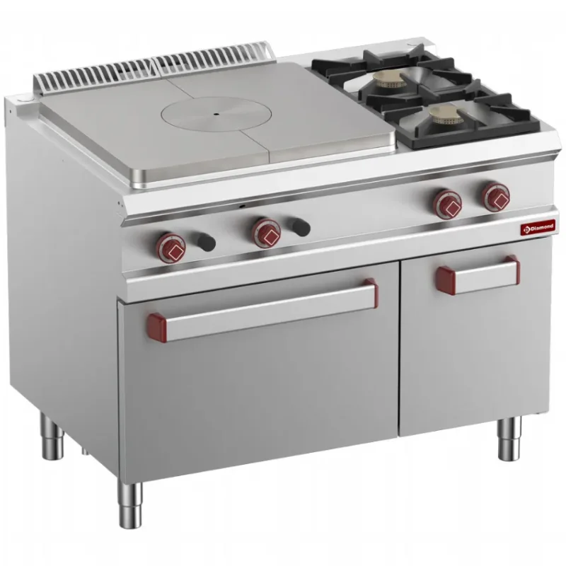 Fourneau professionnel sur coffre gn 1/1 coup de feu avec 2 feux gaz et four gn 2/1 - 1100x700(730)x850/920 mm Certifié