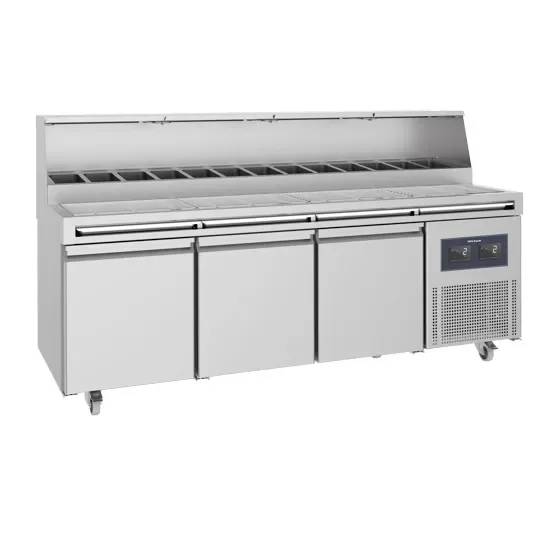 Vente Directe Table de préparation réfrigérée 3 portes inox avec 12x gn 1/3 h=150 mm