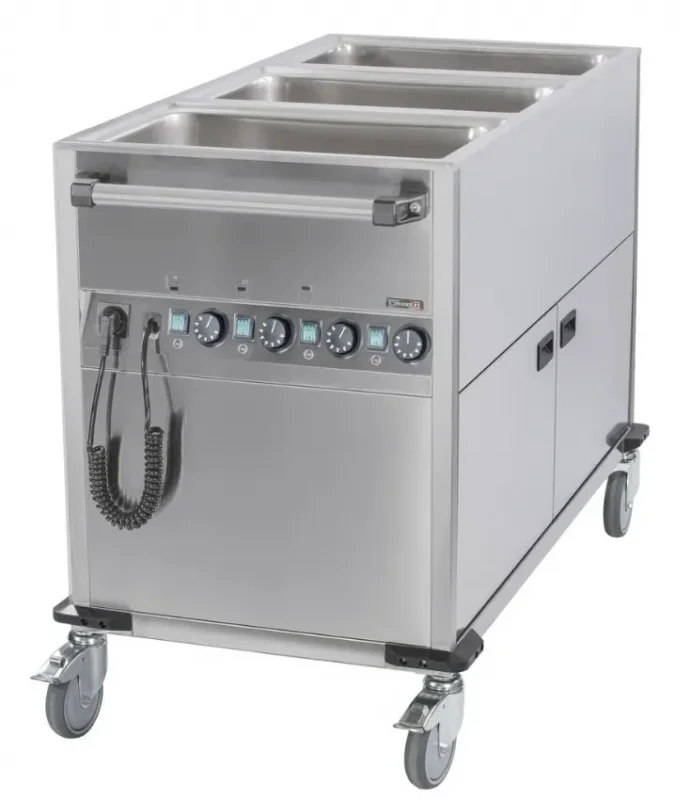 Chariot bain-marie à eau soubassement chauffant - avec 3x gn 1/1 h 200 mm Commande En Gros