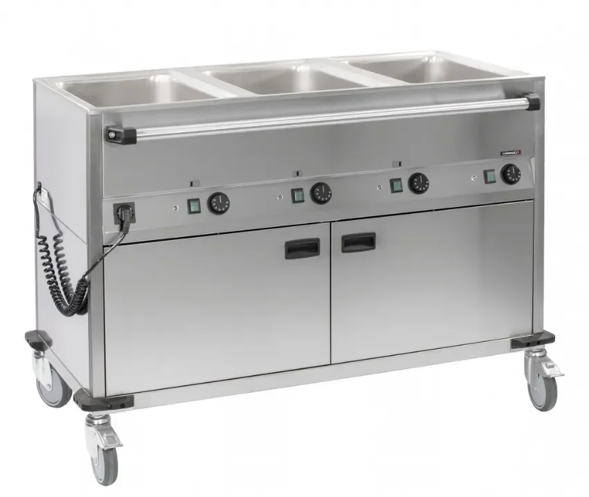Chariot bain-marie à eau avec 3 bacs gn 1/1 h 200 mm température 90°c Commande En Gros
