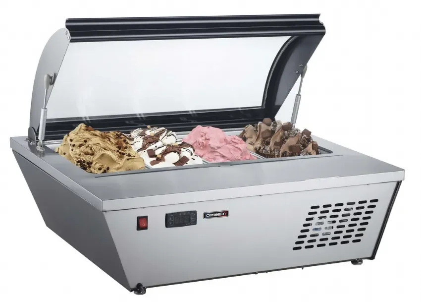 Petit Prix Vitrine à glaces à poser classe 4 avec 4 bacs gn 1/3 profondeur 100 mm température -18°c