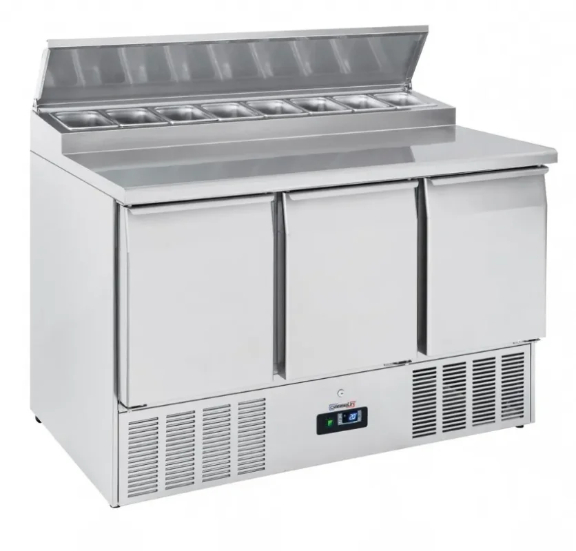 Nouvelle Collection Saladette réfrigérée 3 portes avec 8 bacs gn 1/6 température +0/+8°c