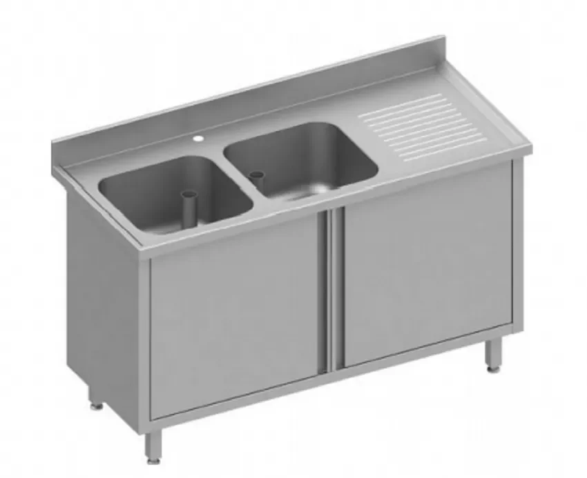 Nouvelle Collection Plonge avec 2 bacs à gauche sur armoire portes battantes 1500x700x900 mm