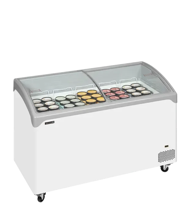 Dernier Modèle Congélateur bahus blanc vitré incurvé coulissante 298 l -14/-24 °c - 1320x650x918 mm