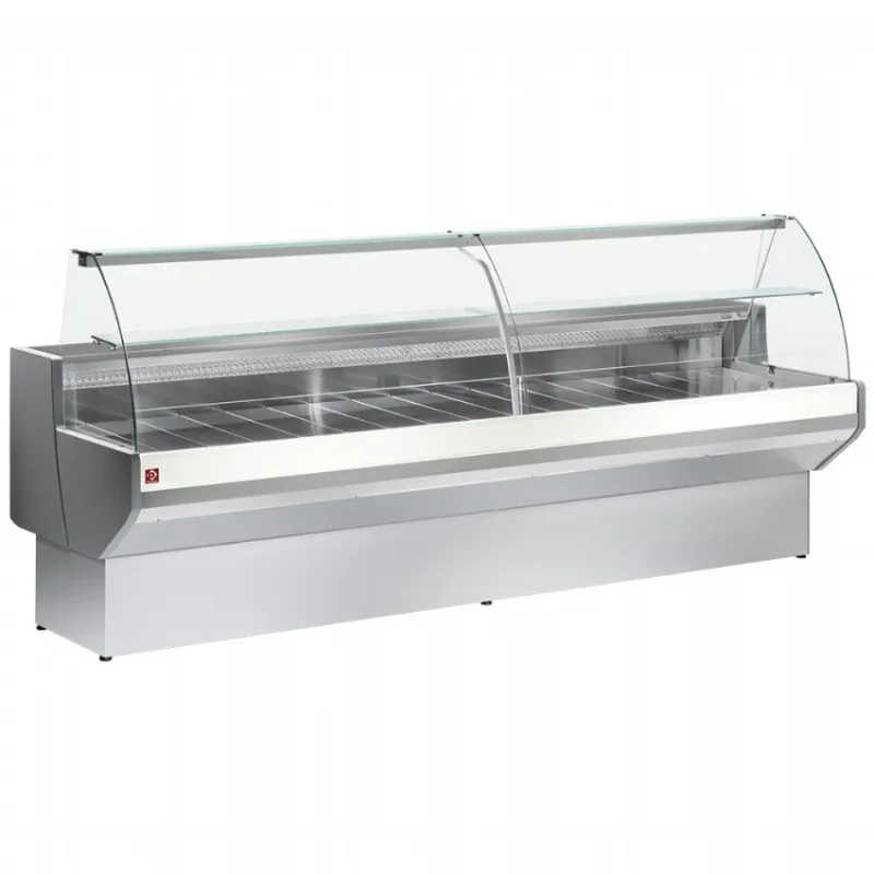 Comptoir vitrine réfrigérée positive à vitre bombée avec réserve gris/blanc 3000 mm de largeur Acheter Direct