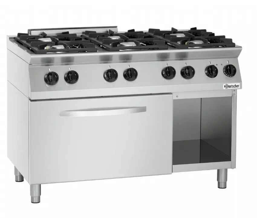 Remise Fourneaux gaz 6 feux vifs avec four électrique avec placard ouvert - 1200x700x910 mm