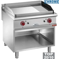 Plancha professionnelle gaz rainurée / lisse en chrome 2 zones sur baie libre DIAMOND profondeur 900mm Haute Qualité