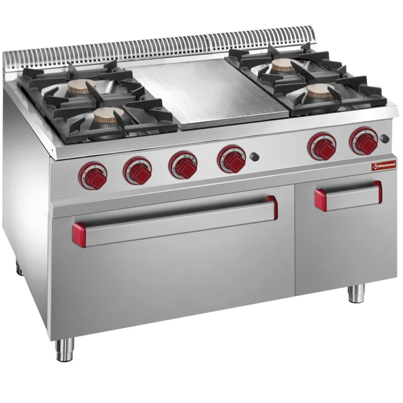 Fourneau 4 feux vifs et plaque coup de feu sur four gaz GN2/1 DIAMOND Must-Have