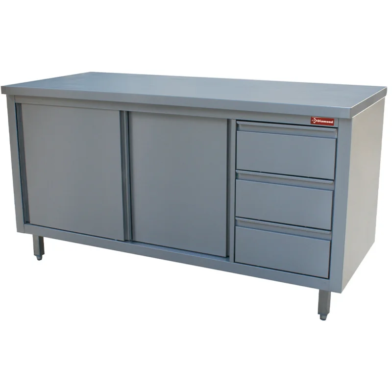 Meuble inox central 3 tiroirs et portes coulissantes 2000x700mm DIAMOND - TA207CD/B Paiement Sécurisé