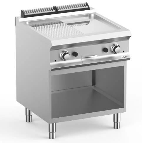 Plancha professionnelle gaz lisse et rainurée sur placard ouvert MBM - DOMINA PRO 700 Commander Maintenant