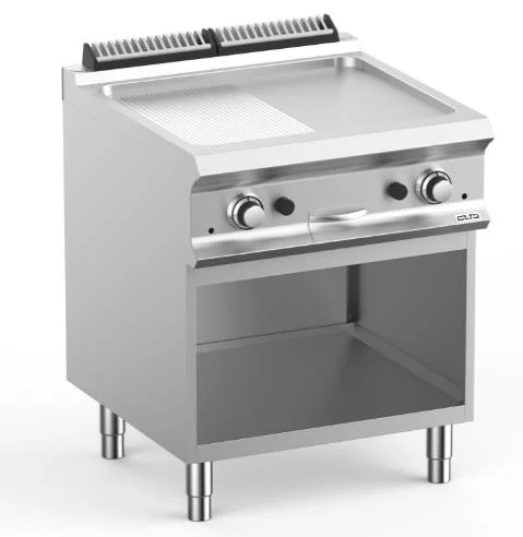 Plancha professionnelle gaz lisse et rainurée sur placard ouvert MBM - DOMINA PRO 700 Offre Du Jour